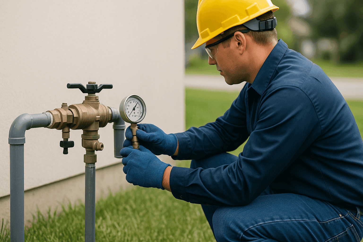 Certified plumber testing a backflow prevention device on outdoor water line