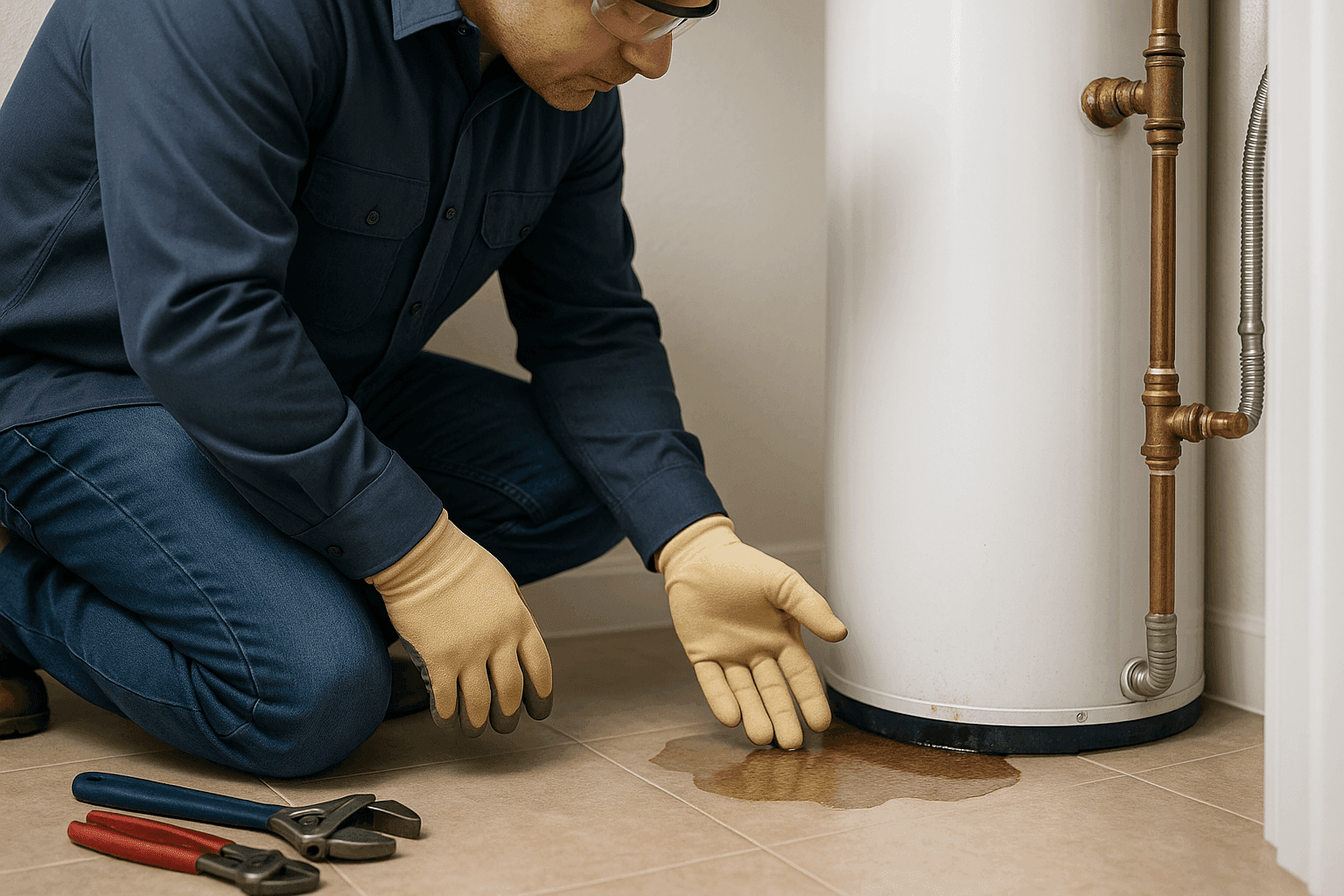 Plumber inspecting leaking water heater in utility closet