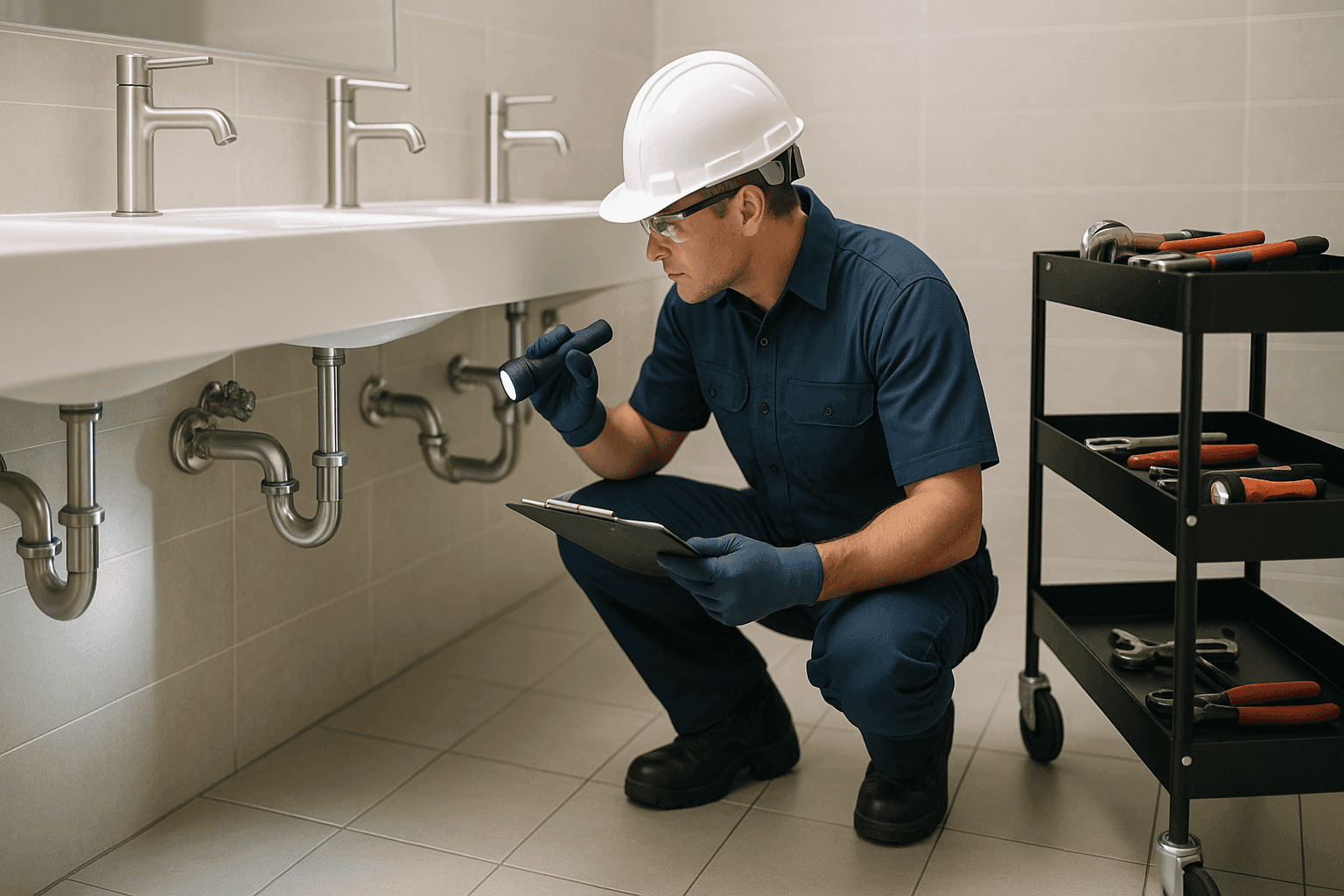 Plomero inspeccionando la plomería de un baño comercial para evaluación de mejoras