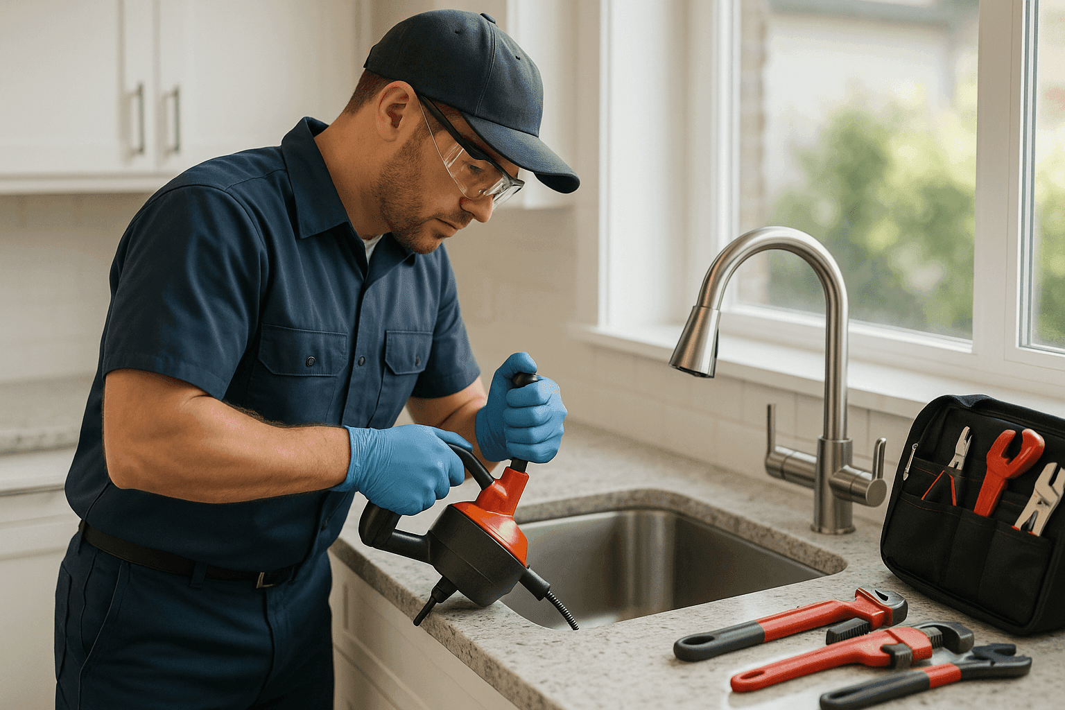 Plumber using drain auger to clear a stubborn kitchen sink clog