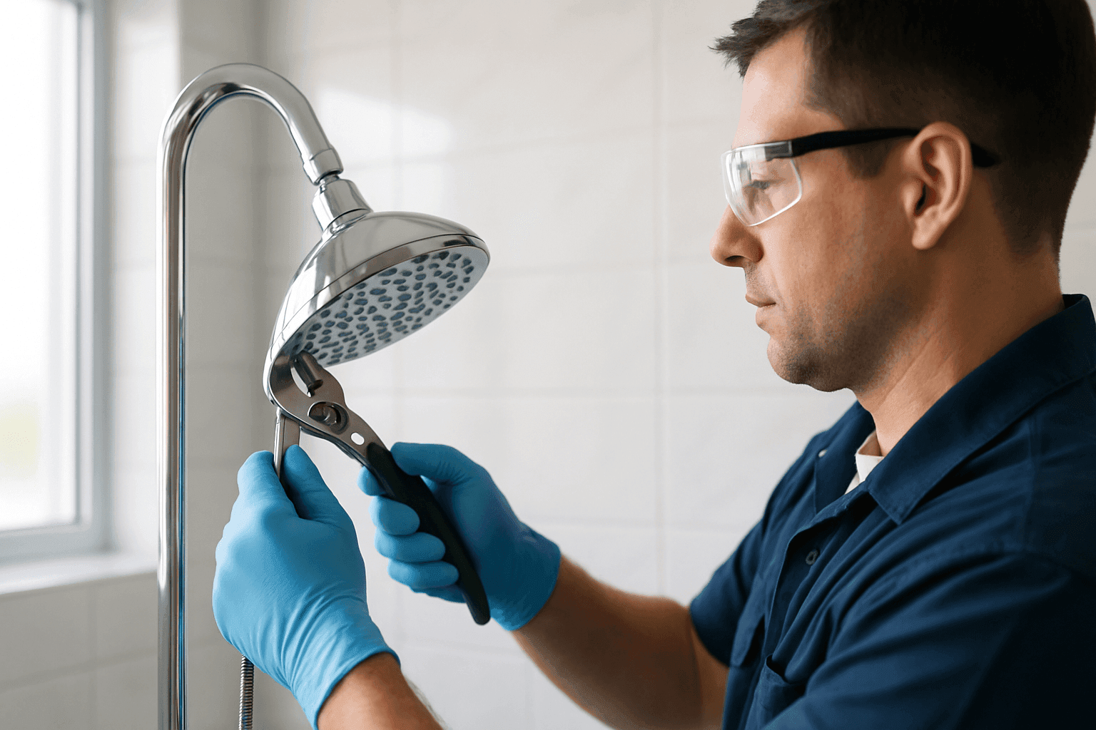 Plumber installing energy-efficient water-saving showerhead