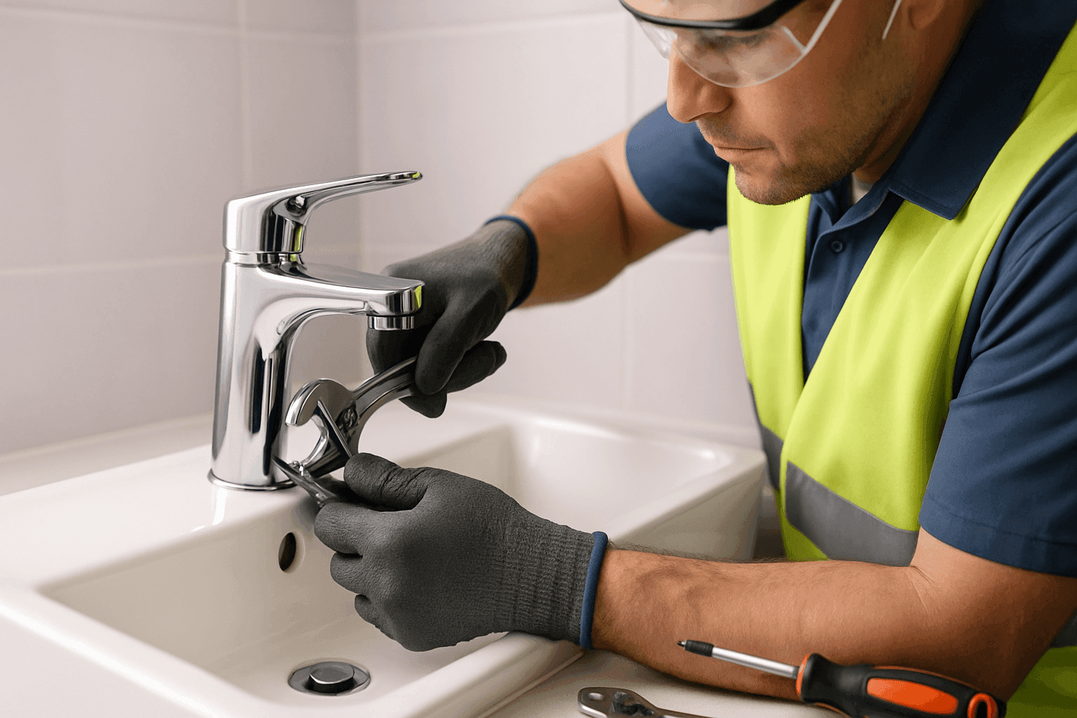 Plumber attaching new faucet to modern bathroom sink