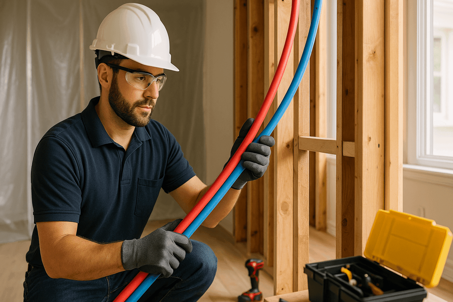 Technician running new PEX pipes through open wall framing in home