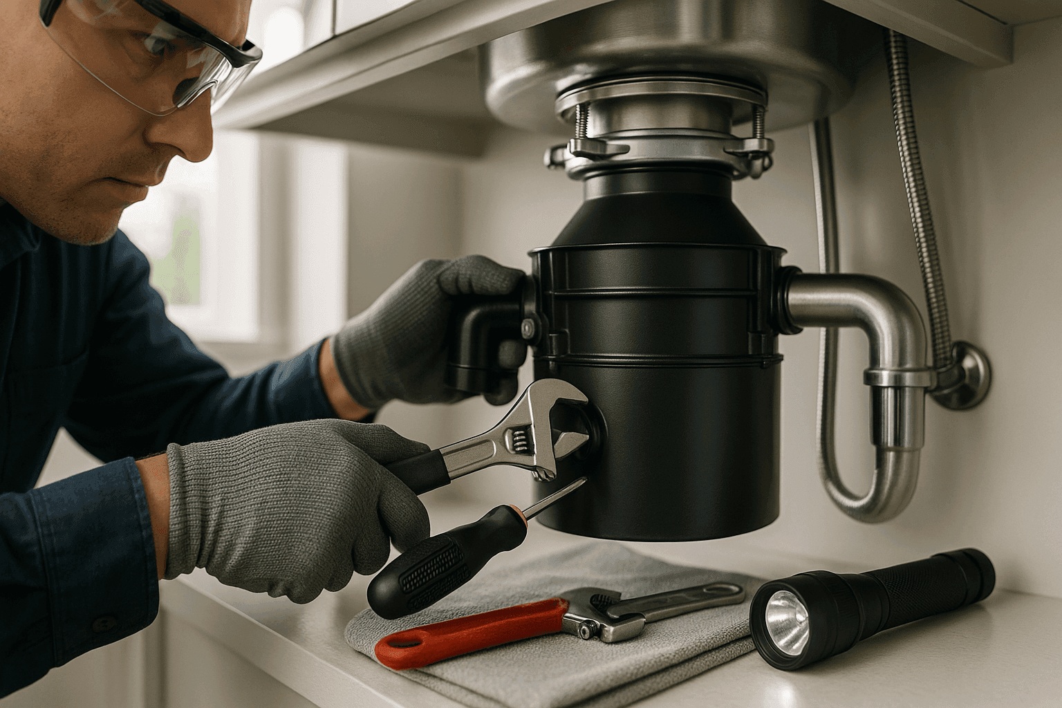Plumber repairing jammed garbage disposal under kitchen sink