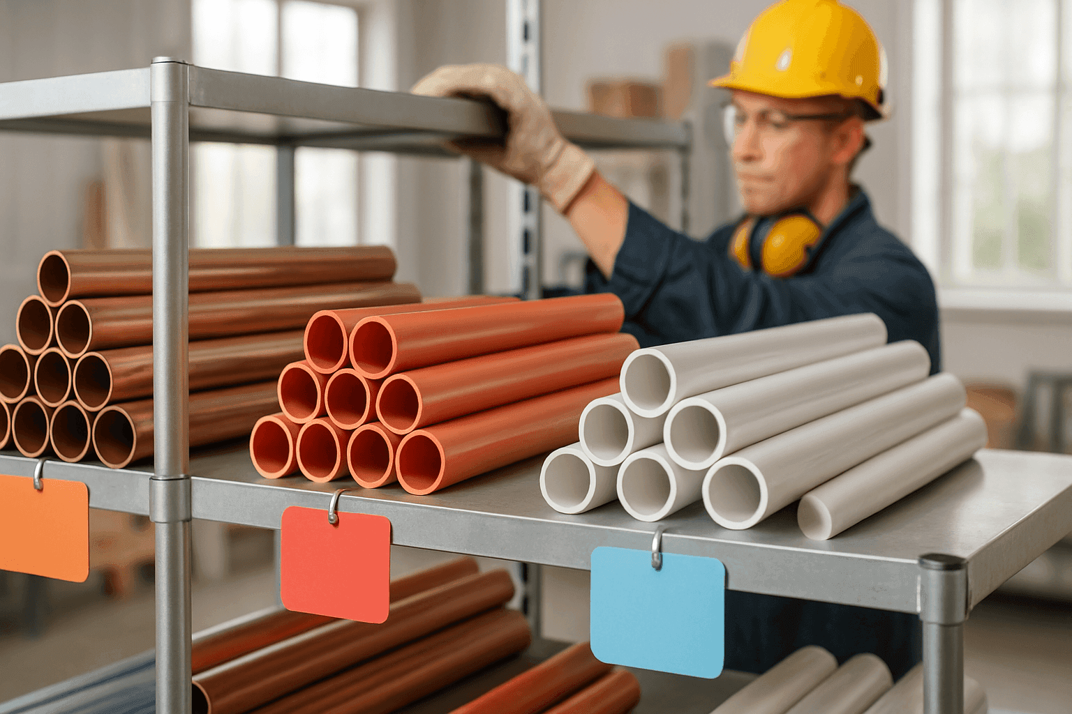 Stacks of different pipe materials with price tags in a workshop