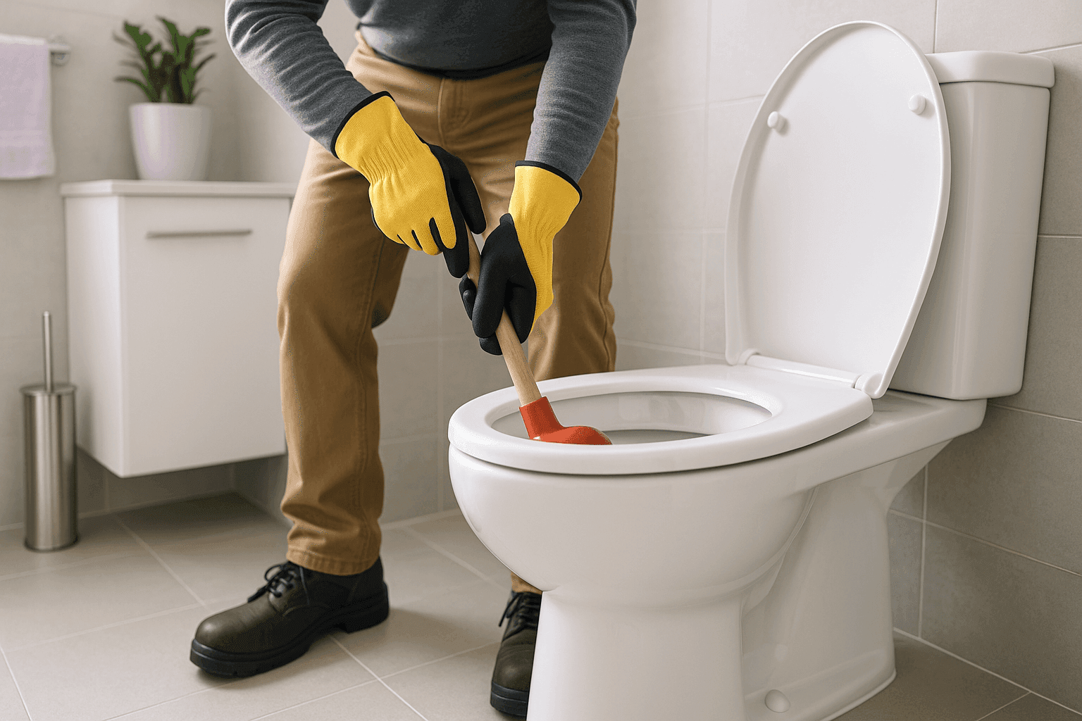 Homeowner using a plunger on a clogged toilet in a clean bathroom