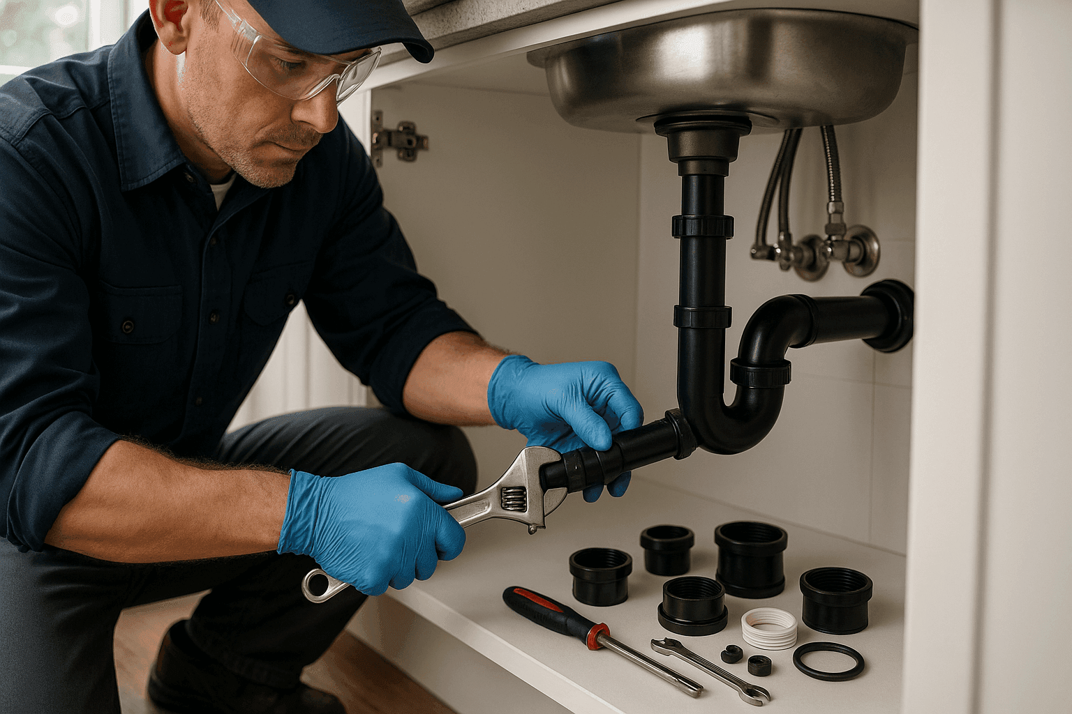 Plumber repairing leaking kitchen sink drain pipe