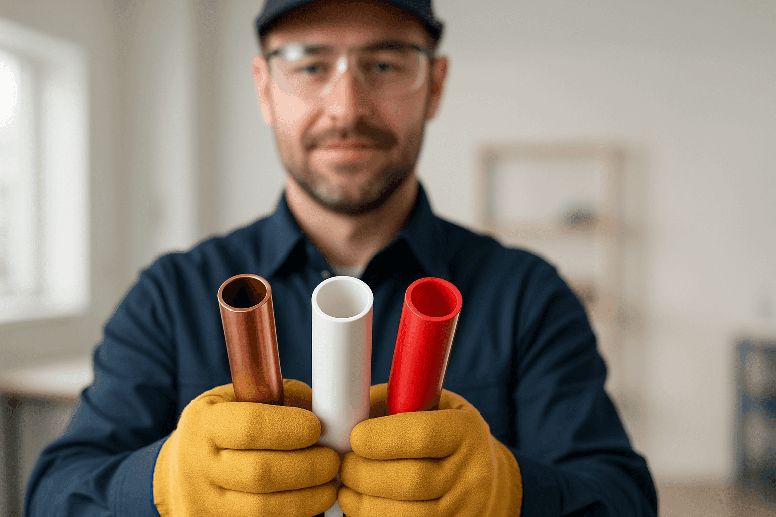 Plumber displaying samples of copper, PVC, and PEX pipes