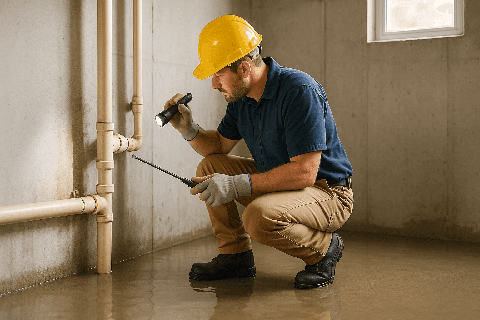Plumber inspecting basement pipes after flood cleanup