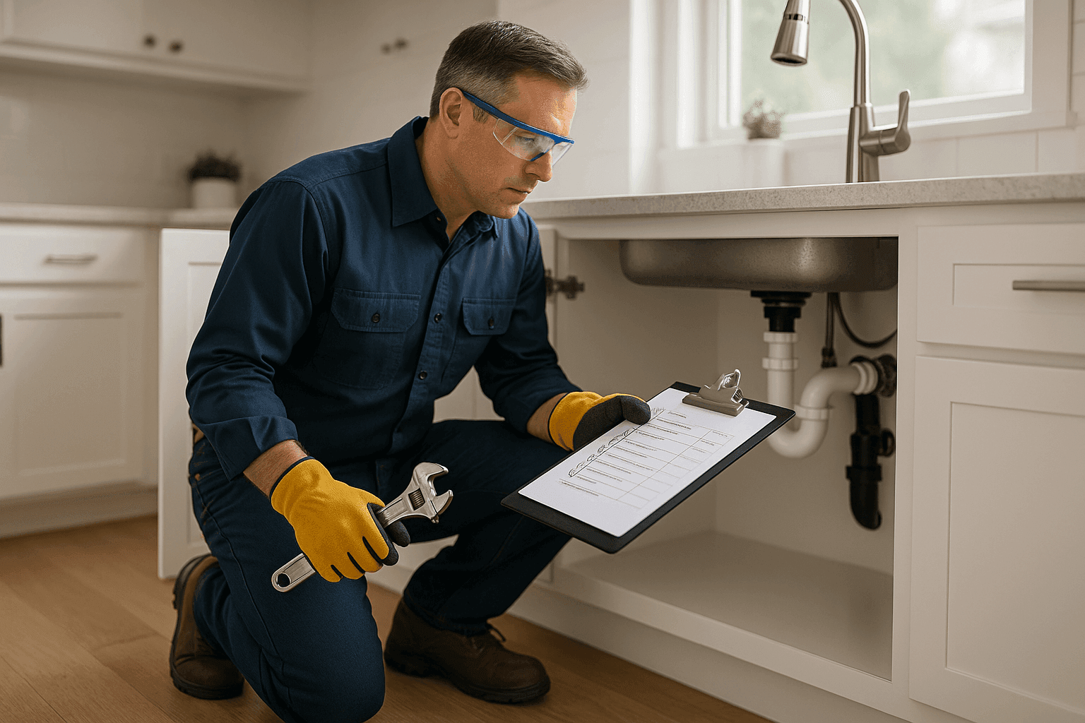 Plumber checking multiple plumbing fixtures as part of seasonal maintenance