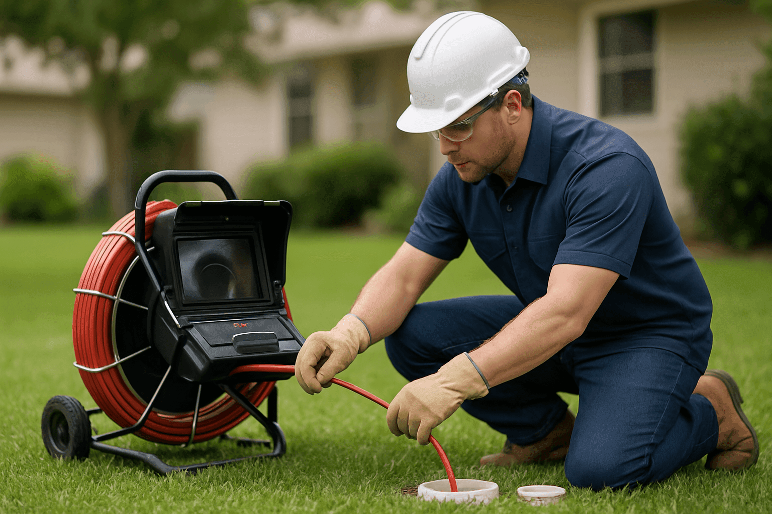 Plumber using camera equipment to inspect a residential sewer line cleanout