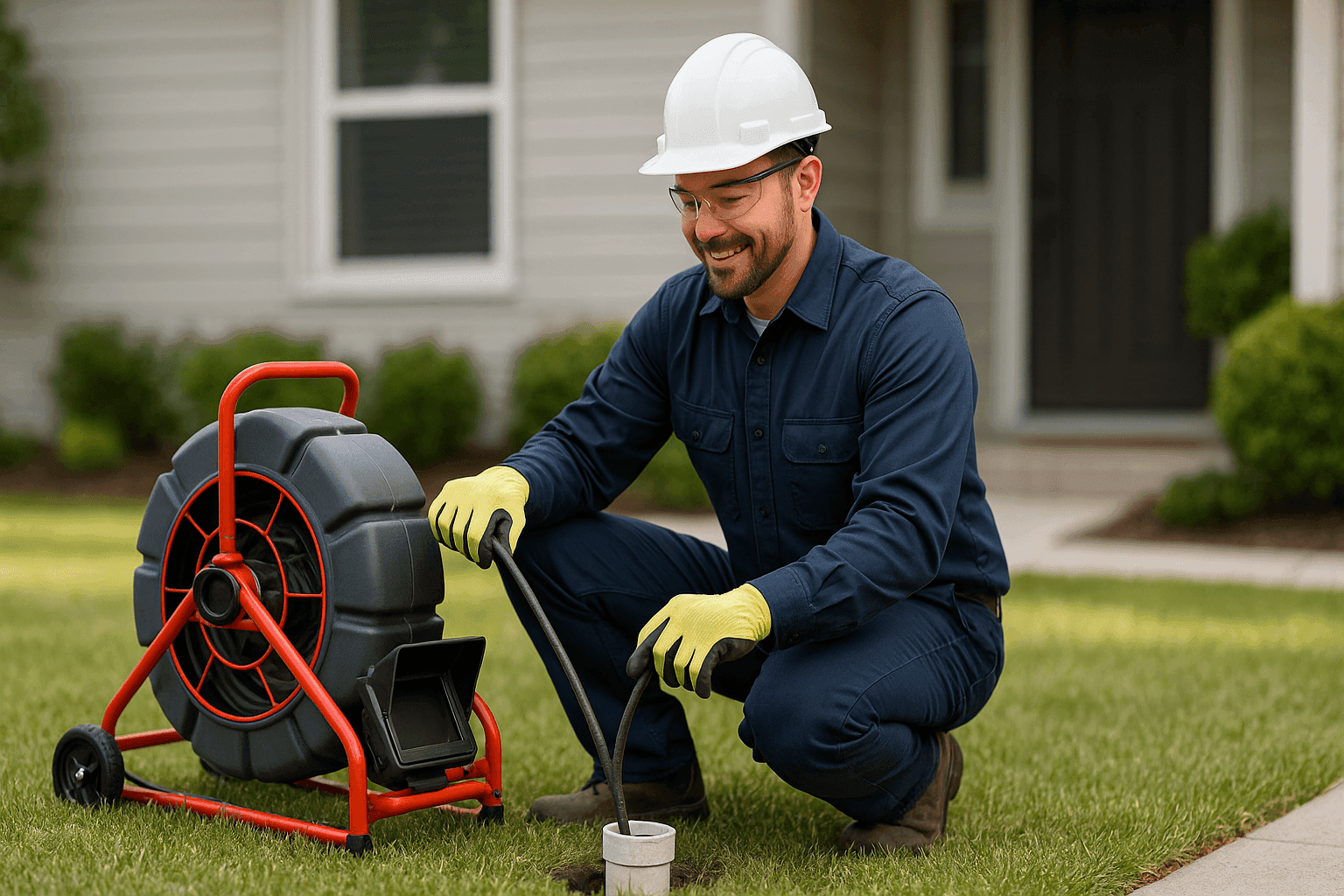Plumber operating sewer camera equipment outside home