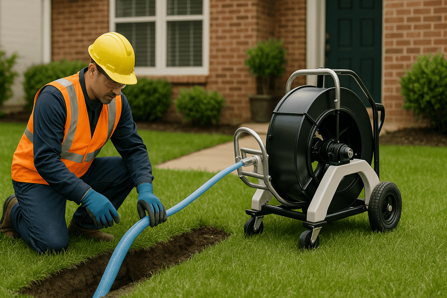 Technician using trenchless equipment to repair underground sewer line