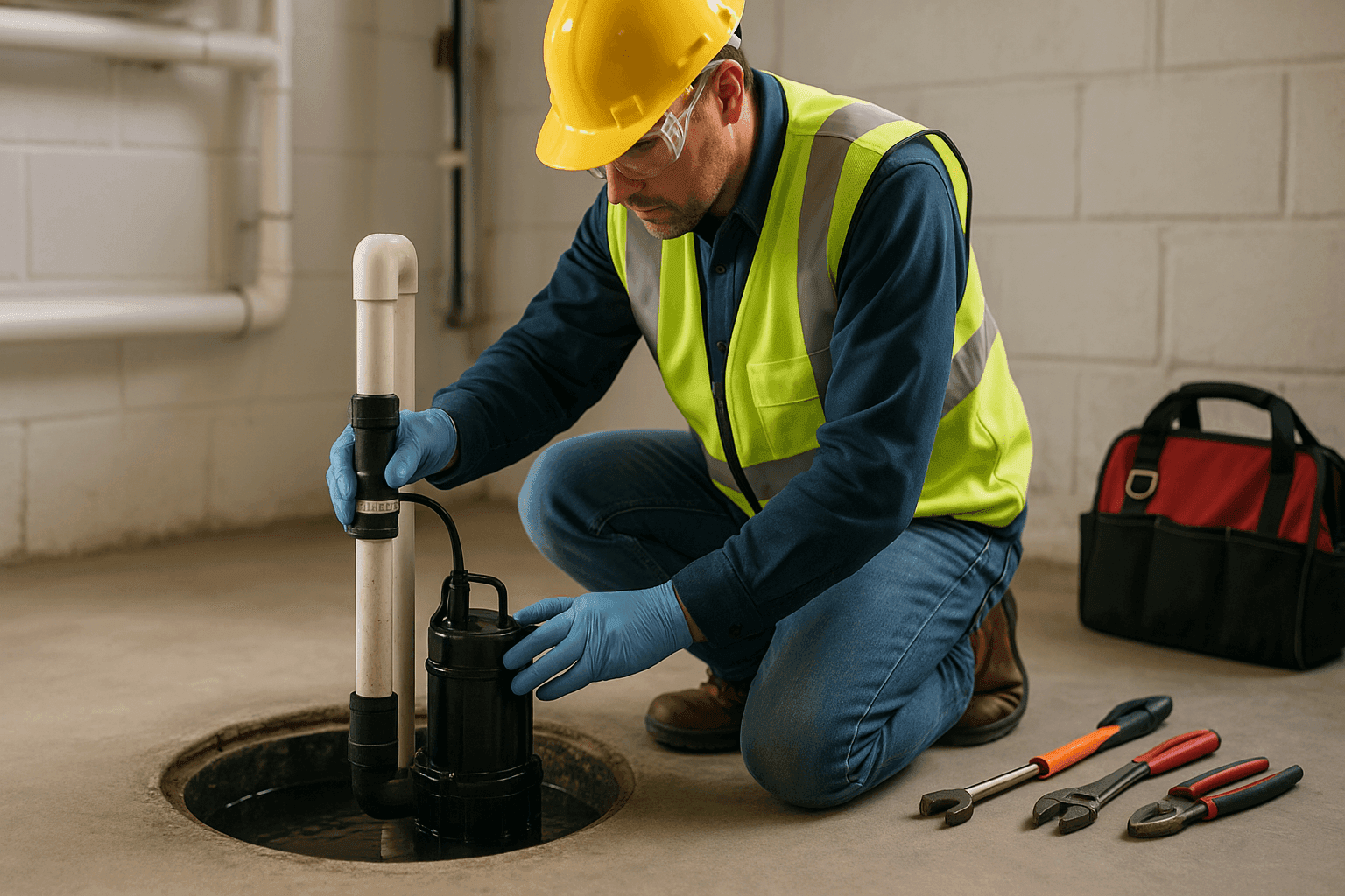 Plumber testing basement sump pump after repair