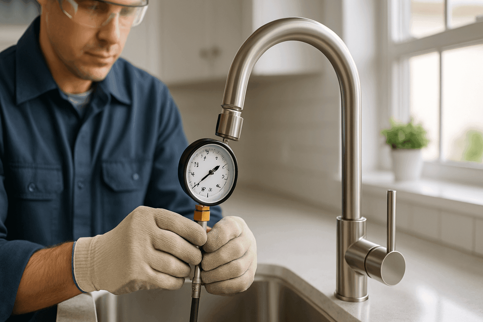 Homeowner testing water pressure at kitchen faucet with pressure gauge