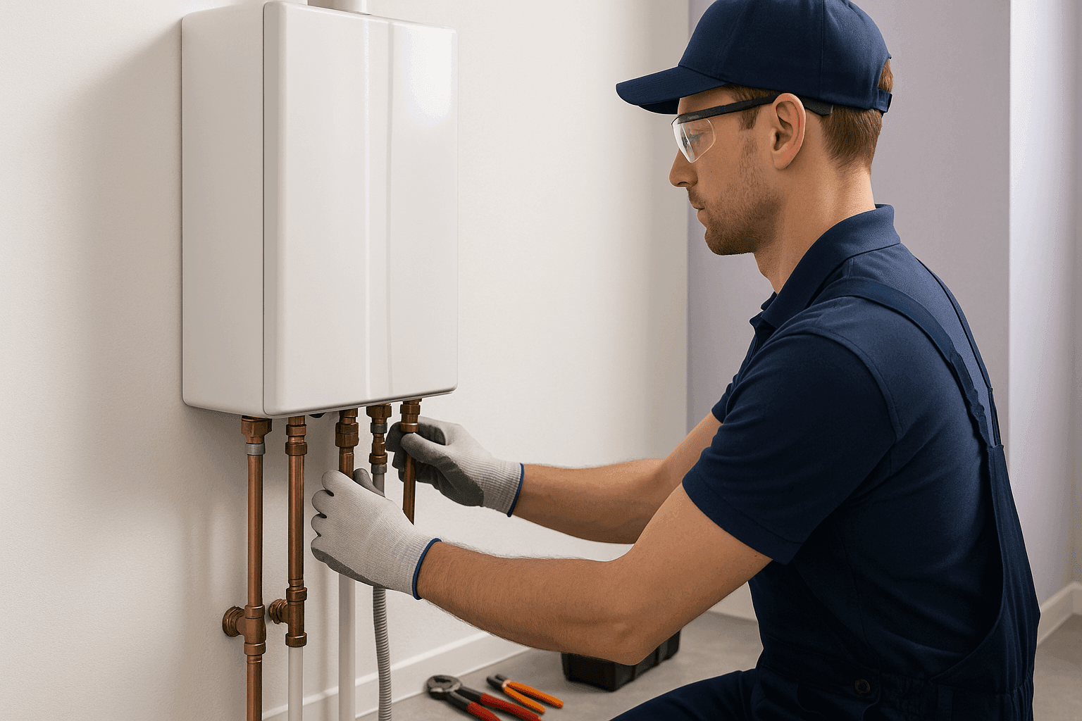 Technician installing a new high-efficiency tankless water heater in utility room
