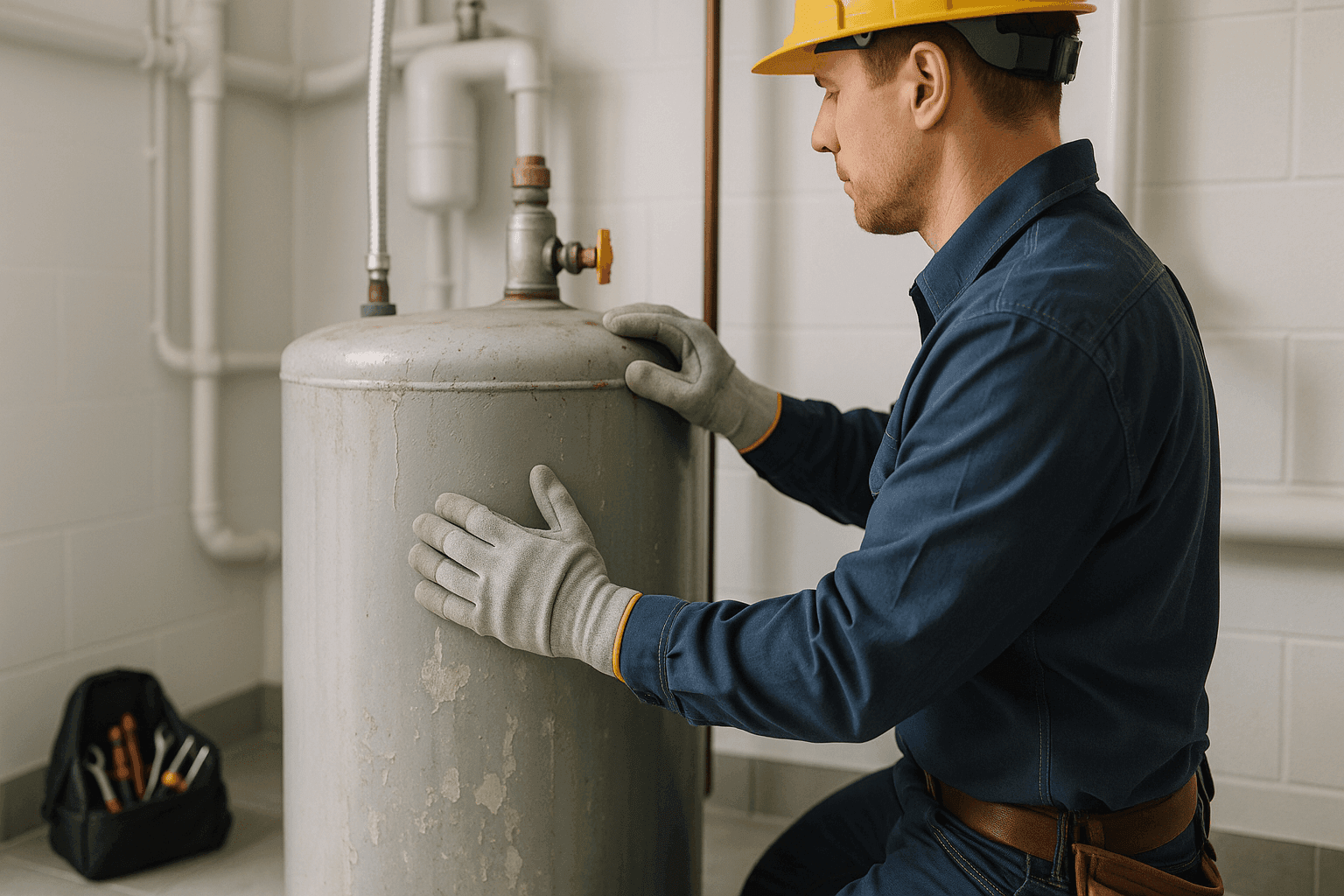 Technician examining an old water heater in utility room