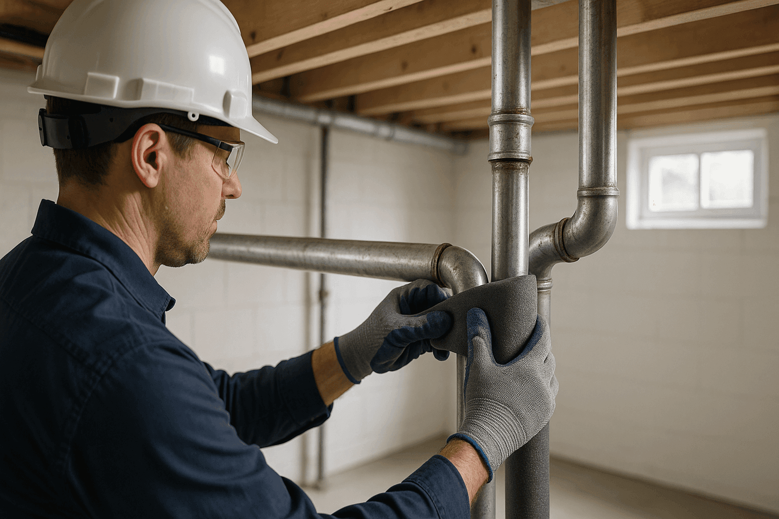 Technician insulating exposed basement pipes to prevent winter freezes