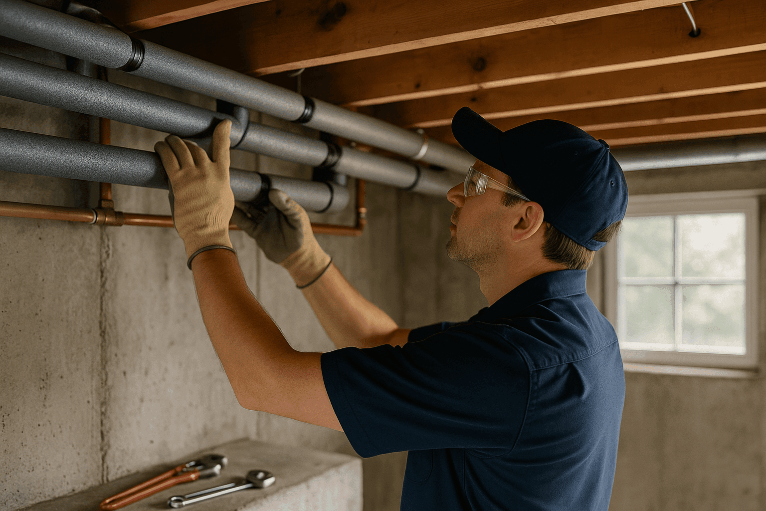 Homeowner inspecting insulated plumbing pipes in basement for seasonal protection