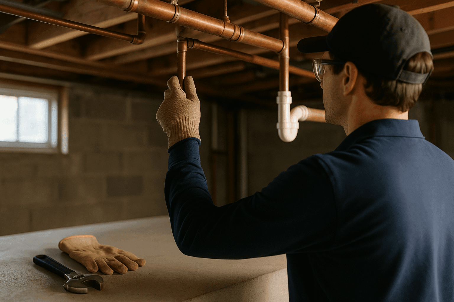 Homeowner performing seasonal plumbing maintenance on basement pipes